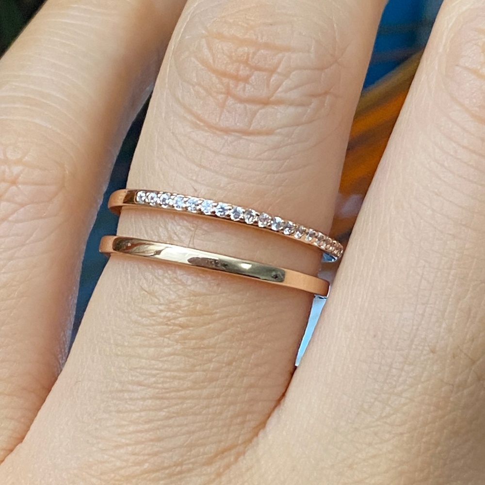 Rose Gold Double Lines Cz Open Ring,Silver Adjustable… - Gem